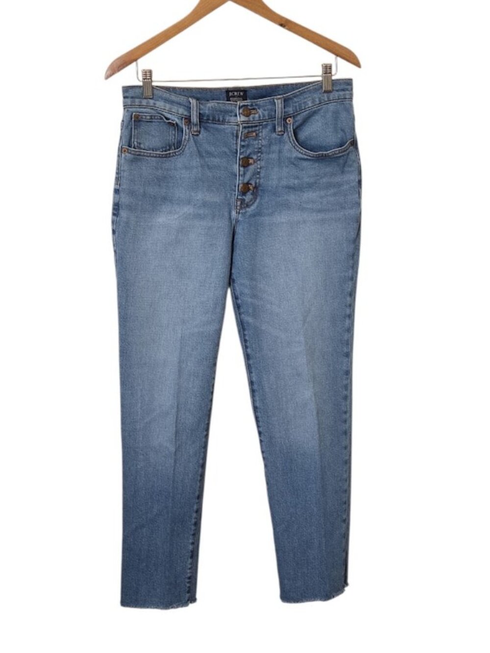 J.CREW Essential Straight Jeans Women's 29 Blue Raw Hem Button Fly Stretch EUC